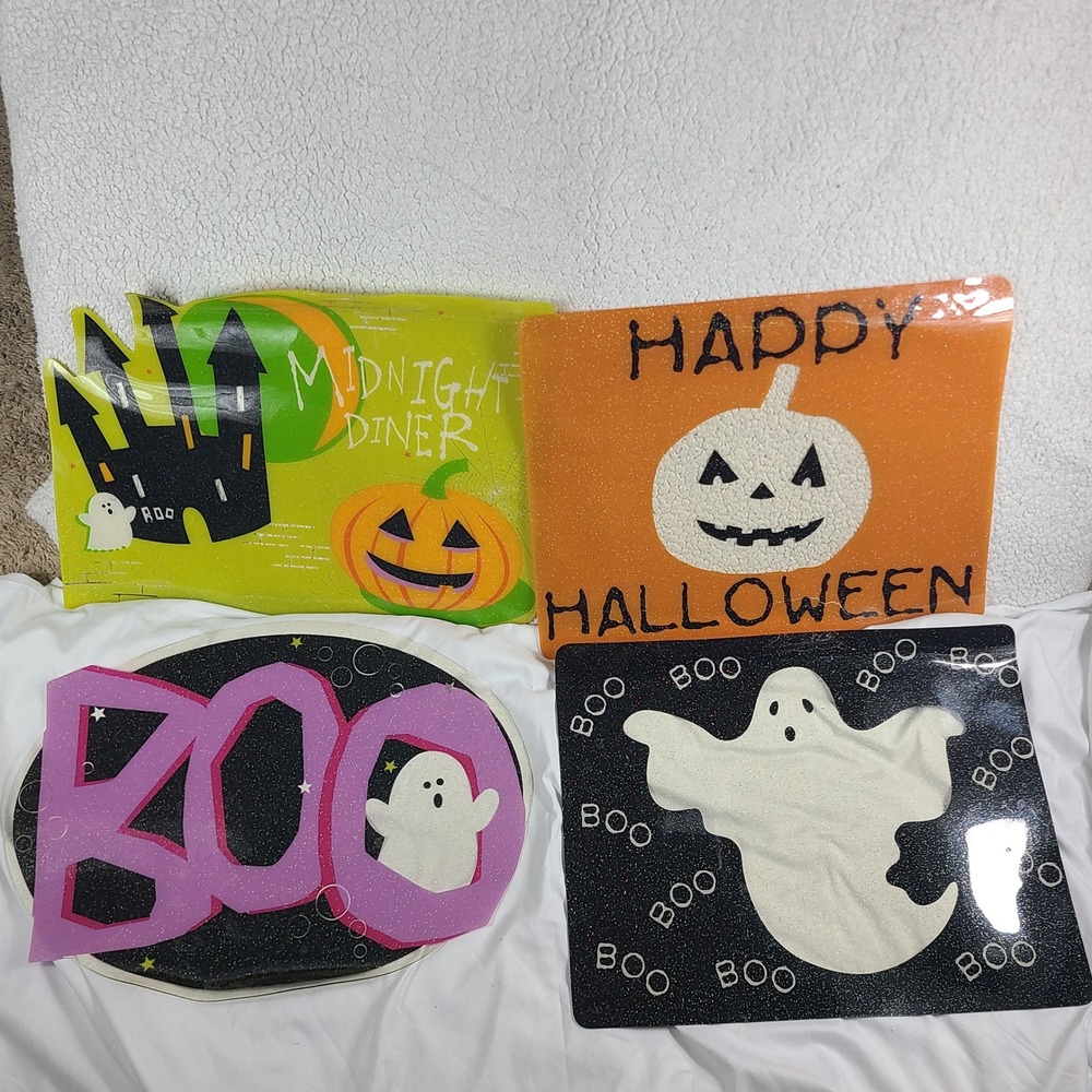 Halloween Placemats Lot 4pc Ghost Pumpkin Haunted House Glitter Reusable Decor